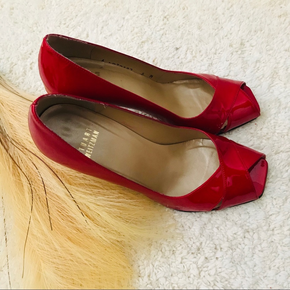 STUART WEITZMAN Patent Leather Peep Toe Red Heels - Picture 2 of 7